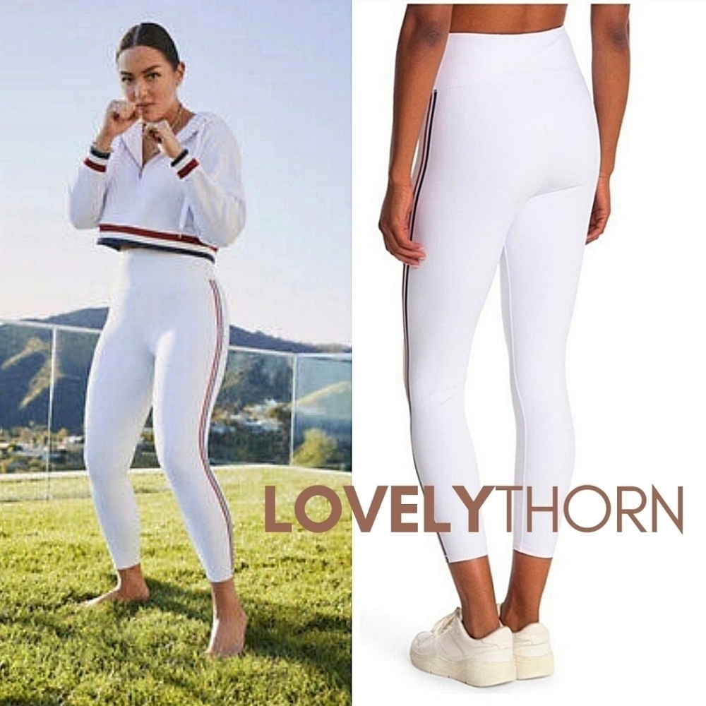 GOOD AMERICAN // white high rise 7/8 leggings red & blue side stripes - Picture 6 of 9